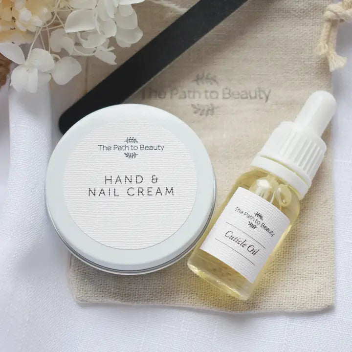 The Path to Beauty Hand & Nail Care Kit with hydrating cream and oil, a nail file